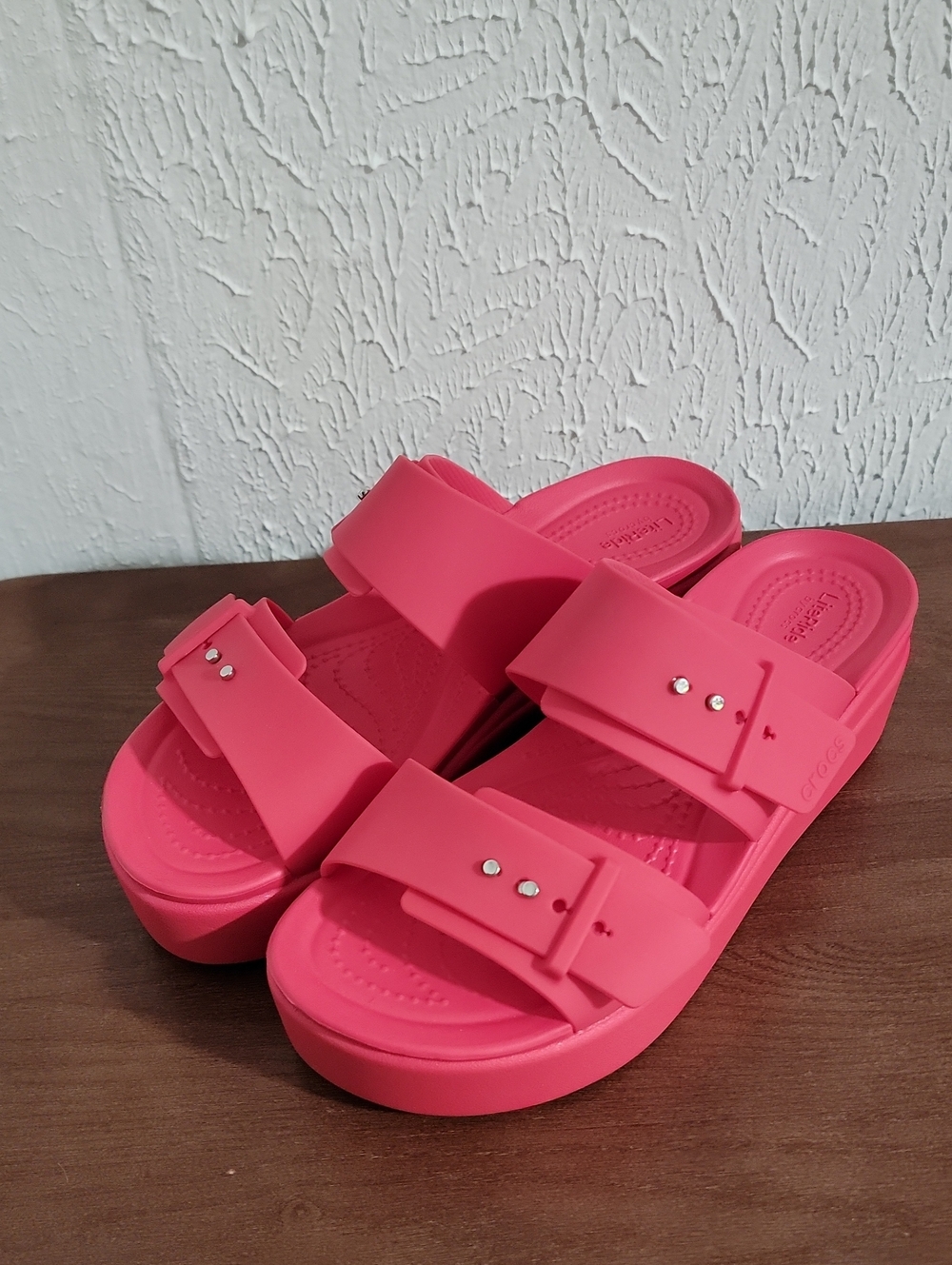 Crocs Brooklyn Buckle Low Wedge Sandal Watermelon/Raspberry Women's Size 7